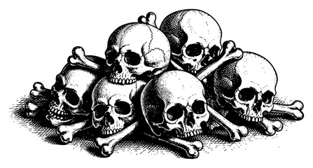 Hand drawn pile of human skulls and crossed bones sketch Vector illustration of death and mortality symbol in vintage engraving style