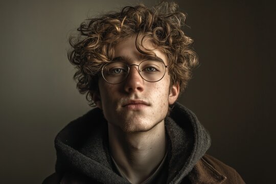 Portrait of a young Caucasian man with curly hair and glasses in dramatic low-key lighting. The image conveys introspection, depth and individuality.
