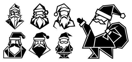 Modern geometric Santa Claus logo vector set featuring abstract polygonal character icons and minimalist holiday symbols