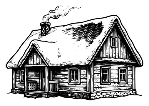 Hand drawn wooden winter cabin covered in snow sketch Vector illustration of rural log house and cottage in vintage engraving style
