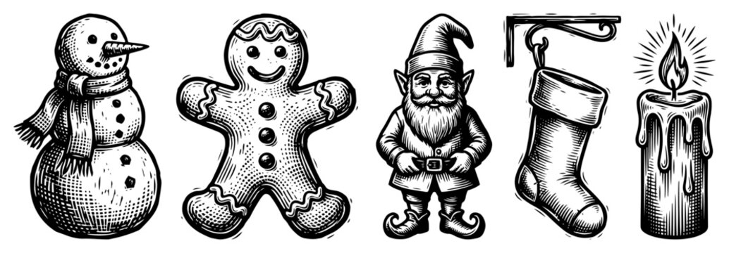 Hand drawn Christmas holiday symbols set sketch Vector collection of snowman gingerbread man elf stocking and candle in vintage engraving style