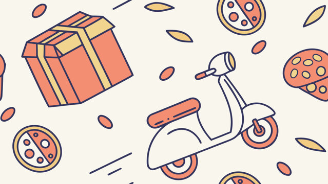 Seamless pattern featuring delivery scooter, gift box, and pizza slices on a light background, creating a fun and playful design for various applications - Powered by Adobe