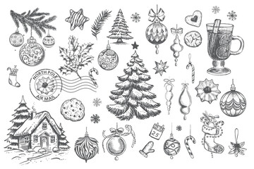 Christmas set,, tree, ball, set on white, Hand drawn illustration	
