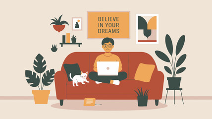 Fototapeta premium Young person working on laptop on couch with cat and plants motivational quote on wall
