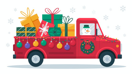 Naklejka premium Red vintage pickup truck loaded with christmas presents and decorated with festive lights and ornaments