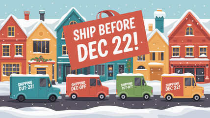 Christmas holiday shipping deadline reminder with delivery vans and snowy town buildings
