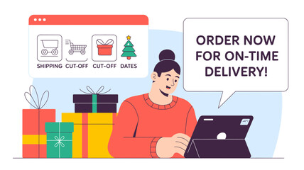 Woman ordering gifts online for timely delivery before christmas with shipping cut off dates reminder