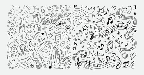 Handdrawn musical notes, swirls, stars, and hearts doodle pattern isolated on white background