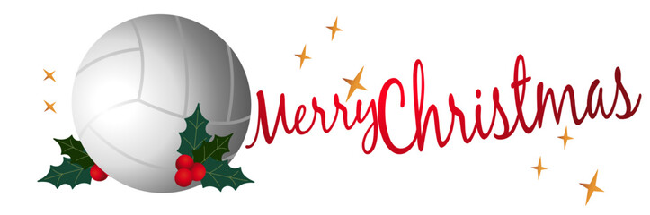 Christmas volleyball illustration featuring ball, pine branches, holly, bows, bells and lights. Perfect for greeting cards, banners, labels and festive creative projects