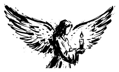 Hand drawn angel with wings holding burning candle sketch Vector illustration of Christmas religious spirit symbol in black ink style