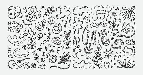 Handdrawn doodle elements set with organic shapes, leaves, and abstract squiggles, isolated on white background