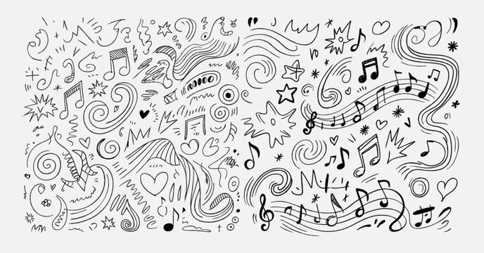Handdrawn musical notes, swirls, stars, and hearts doodle pattern isolated on white background