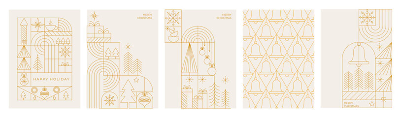 Minimalist geometric Christmas card set featuring gold line-art trees, ornaments, bells, and abstract shapes on soft backgrounds  ideal for holiday greetings and festive branding. © hasan
