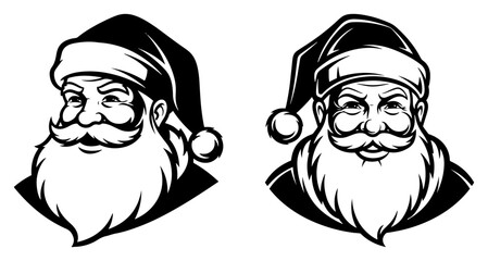 Santa Claus head mascot logo set Vector illustration of Father Christmas face portrait in black and white style