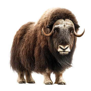 Majestic musk ox with thick brown fur and curved horns isolated on transparent background