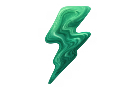 Swirling green liquid lightning bolt icon on transparent background for energy, power, electricity, speed, and dynamic concepts