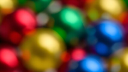 Blurred colorful christmas balls ornament bokeh background in red green yellow and blue colors