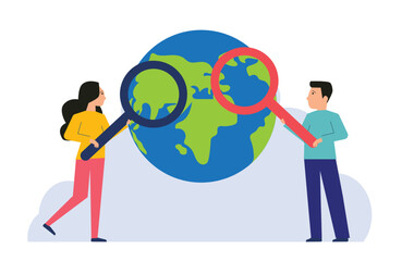 Characters analyze world with magnifying glass. Global world economics analysis, international or oversea business research, investment or opportunity statistics
