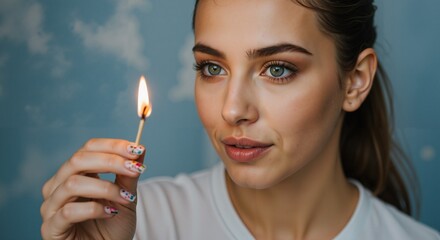 Attractive hopeful young woman calmly holding a lit matchstick close to her face against a blue cloudy background