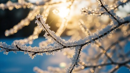 Frosted icy tree branch covered in rime hoarfrost macro with warm golden sun flare bokeh background [with copy space]