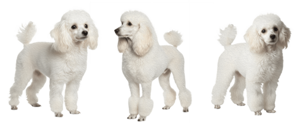 White Standard Poodles Standing in Classic Show Cut Grooming Isolated on White Background Studio Portrait