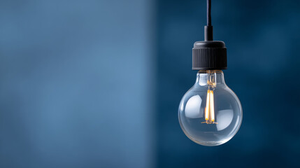 A vintage light bulb with a dark colored cord and cap is glowing against a blue background