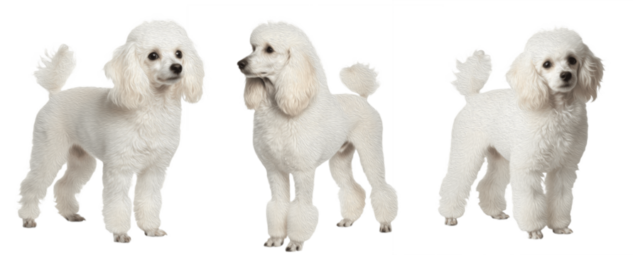 White Standard Poodles Standing in Classic Show Cut Grooming Isolated on White Background Studio Portrait