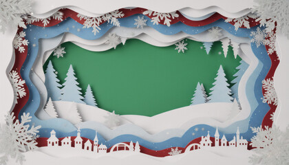 Festive banner in blue, red and white tones with winter village