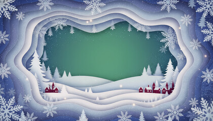 Winter greeting card with green center and burgundy village