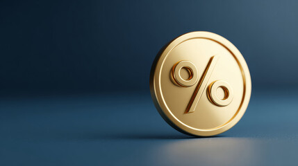 A gold coin with a percentage sign on it is tilted and spinning against a blue background