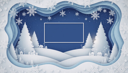 Festive banner in blue and white tones with winter village