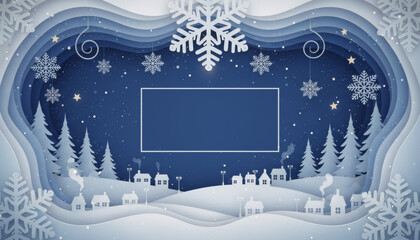 Festive banner in blue and white tones with winter village