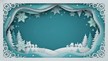 Winter greeting card in turquoise tones with ornamental frame