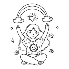 Outline Cute Meditating Girl with Rainbow and Heart. Coloring Page. Line drawing, doodle. Vector illustration. Kids collection. Not AI