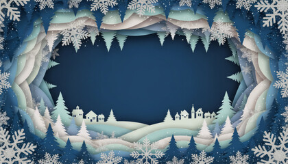 Festive banner in blue and turquoise tones with paper cut forest