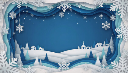 Festive banner in blue and turquoise tones with paper cut landscape
