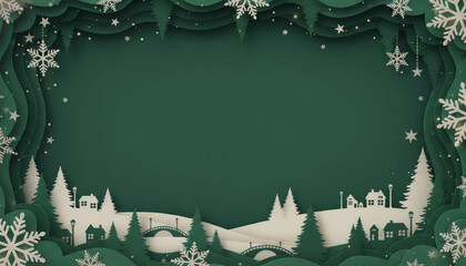 Christmas paper cut greeting card: dark green background with winter village