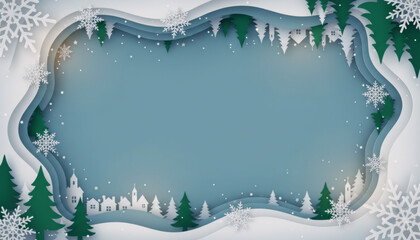 Winter greeting card in blue and green tones with village