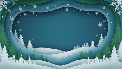 Winter greeting card in turquoise blue tones with snowy village