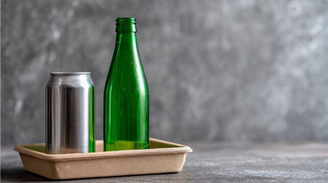 A green glass bottle and a silver can on a tray, with grey background