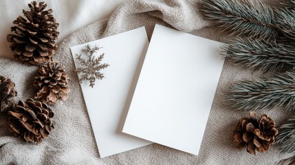 Obraz premium Elegant Winter Mockup with Pinecones, Pine Branch, and Two Blank Cards on Textured Fabric