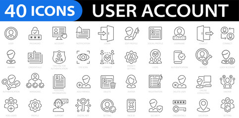 User account line icon set. Personal profile, password, login, avatar, connect, add friend, notification, access and more. Editable stroke. Vector illustration