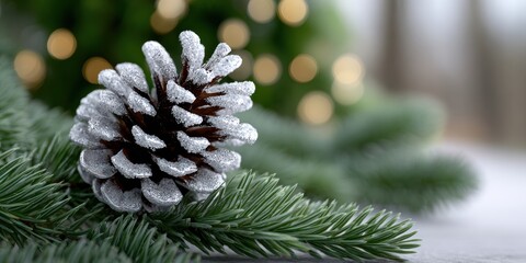 winter wonderland decor, a snow-dusted pinecone adorned with silver paint sits amongst pine branches warm lights and intricate details capture a cozy, festive atmosphere