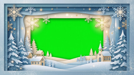 Festive banner: blue frame with snowflakes and green background for photo