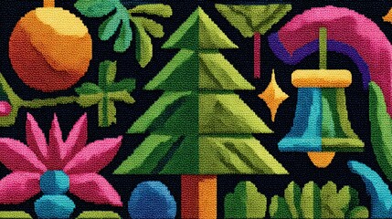 retro christmas patterns, nostalgic retro pixel art pattern with classic christmas tree decorations in vibrant -bit aesthetic, bright colors, and playful design