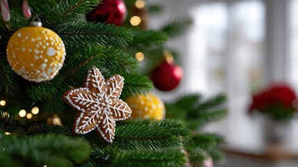 holiday food photography, sharp focus captures a festively adorned christmas tree with edible ornaments, rich holiday colors, and sparkling fairy lights