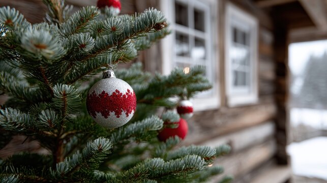 rustic christmas decor, classic christmas tree decorated in a cozy cabin with vintage ornaments, candlelight, warm tones, and a snowy view luxurious magazine vibes
