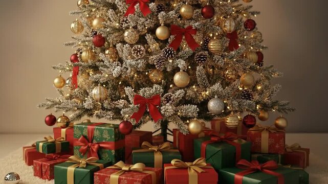 Cozy Christmas Tree with Colorful Gift Wrapped Presents.