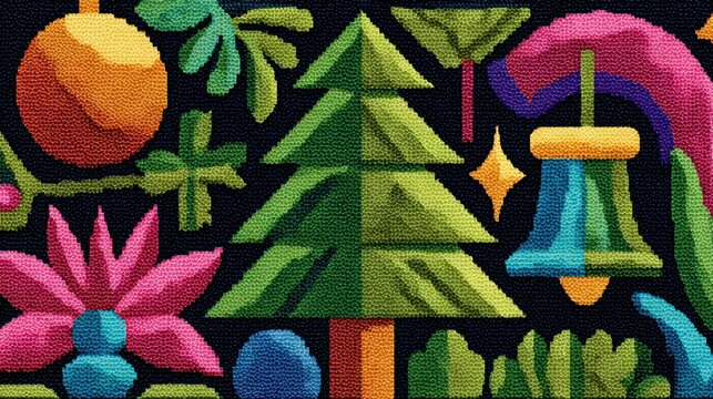 retro christmas patterns, nostalgic retro pixel art pattern with classic christmas tree decorations in vibrant -bit aesthetic, bright colors, and playful design