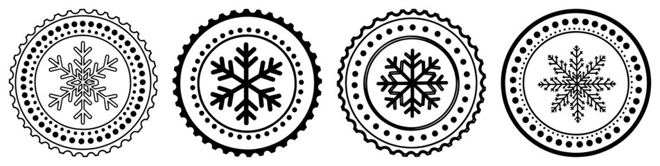 Decorative winter snowflake stamp vector illustration set featuring round ornamental circular badges with geometric snow patterns in black and white